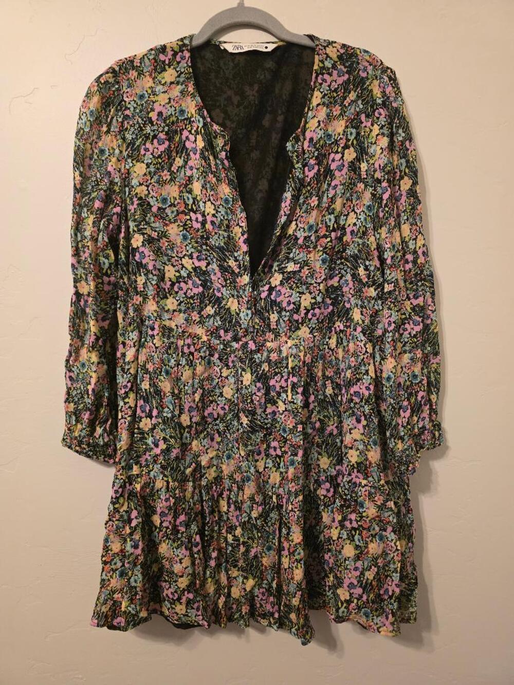 Zara Floral Long Sleeve Mini Dress Black Boho Tunic Medium